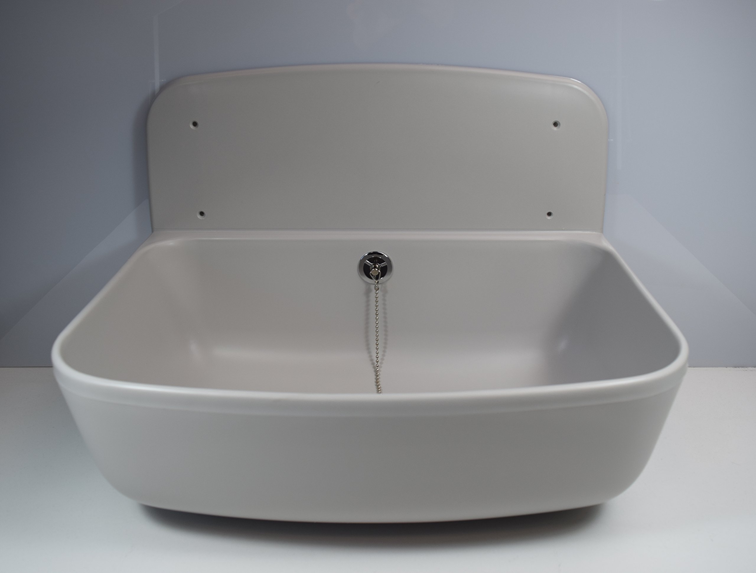 SANIT Fregadero de pared gris (fregadero de plástico resistente a los golpes, ancho 49,5 cm, capacidad 13,5 l, con rebosadero, válvula de desagüe G1 1/2, tapón con cadena) 60.001.66..0099