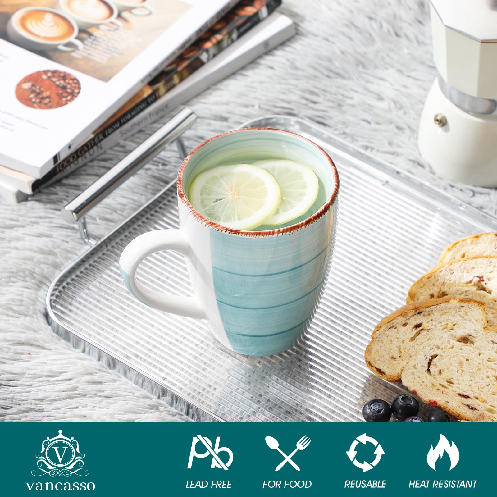 vancasso BONITA Set 6 Tazas de Café, 500 ml Tazas Desayuno Mugs, Juego de Tazas de Leche de Gres, Tazas Grandes Ceramica, Microondas y Lavavajillas, Pintados a Mano de Estilo, Azul