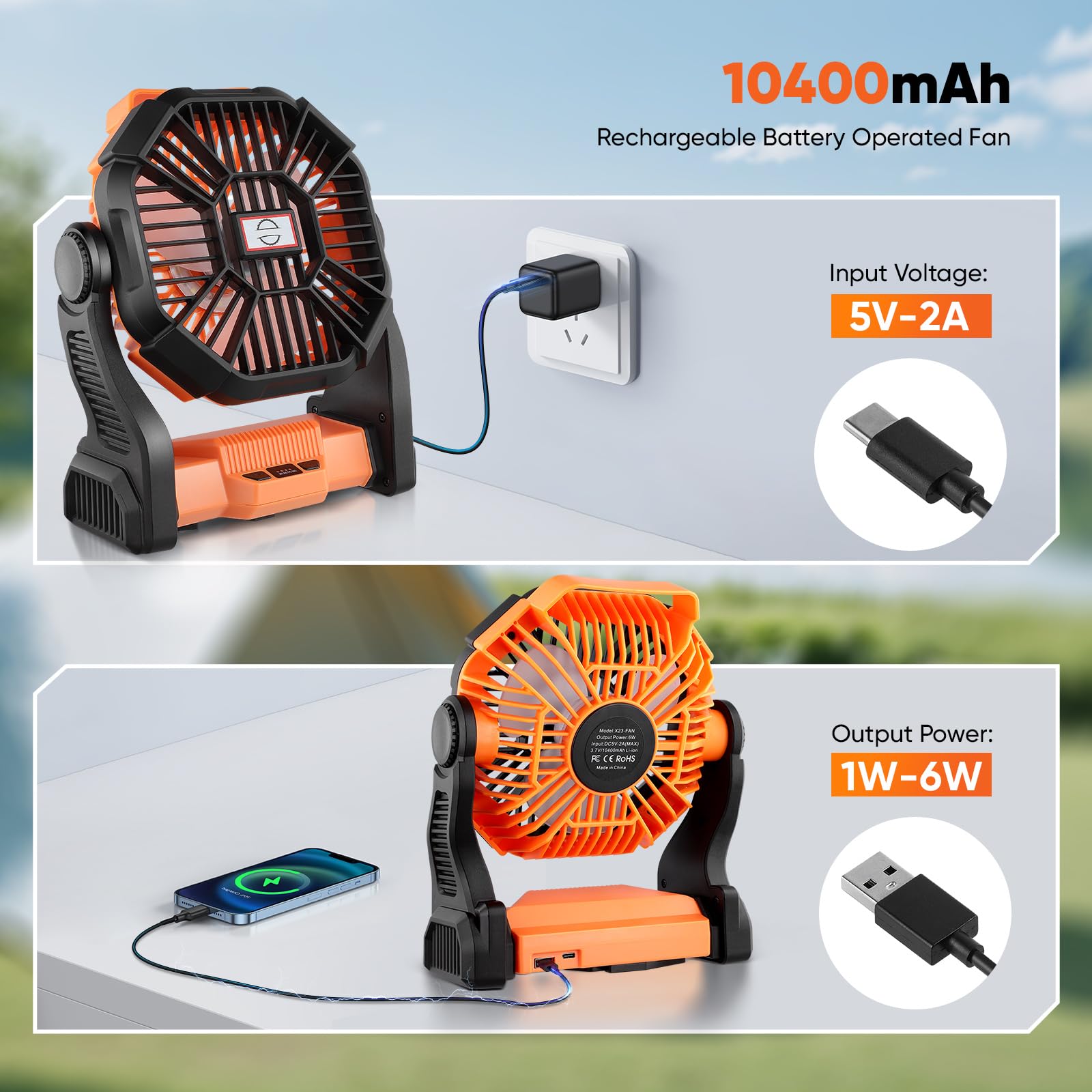 Sendowtek Ventilatore Da Campeggio Ricaricabile - 10400mAh, Luce LED, Ultra Silenzioso, Ganci Pieghevoli - Ideale Per Esterno E Viaggi - Foto 5