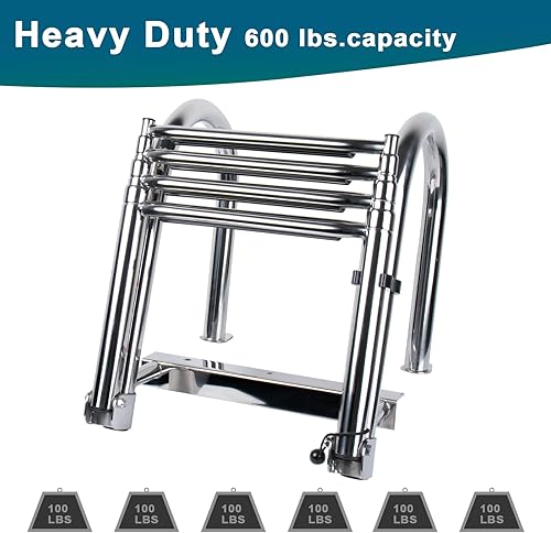 Miniatura 3 de Pebbly Beach Escalera plegable de 4 escalones, escalera plegable de acero inoxidable resistente, escalera de cubierta de natación con escalones