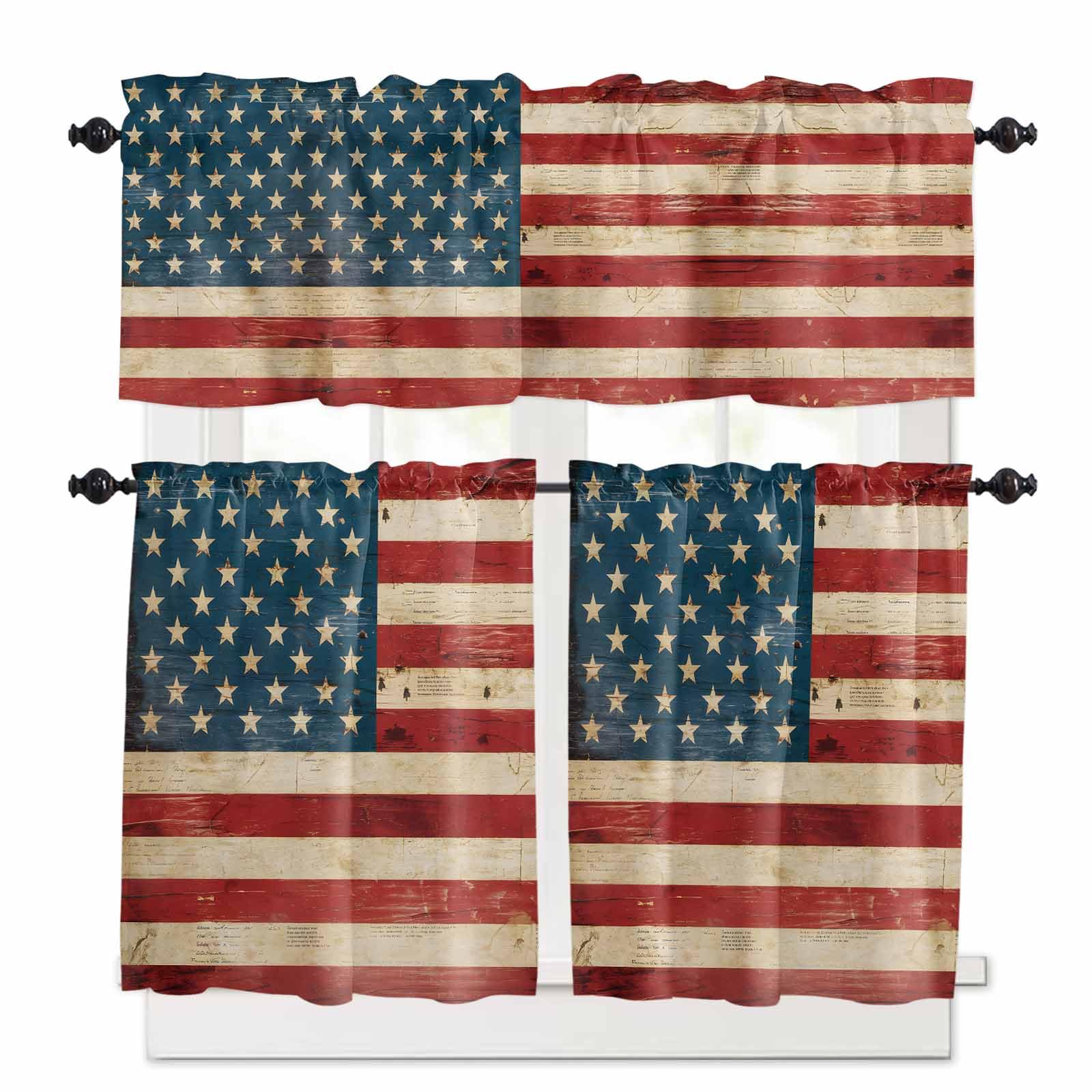 American Flag Kitchen Curtains 24 Inch Length, 3 Piece Rod Pocket Small Half Tiers and Valance Set, Red Strip Vintage Shabby US Flag Small Large Window Treatment Decor for Bedroom/Bathroom Sink
