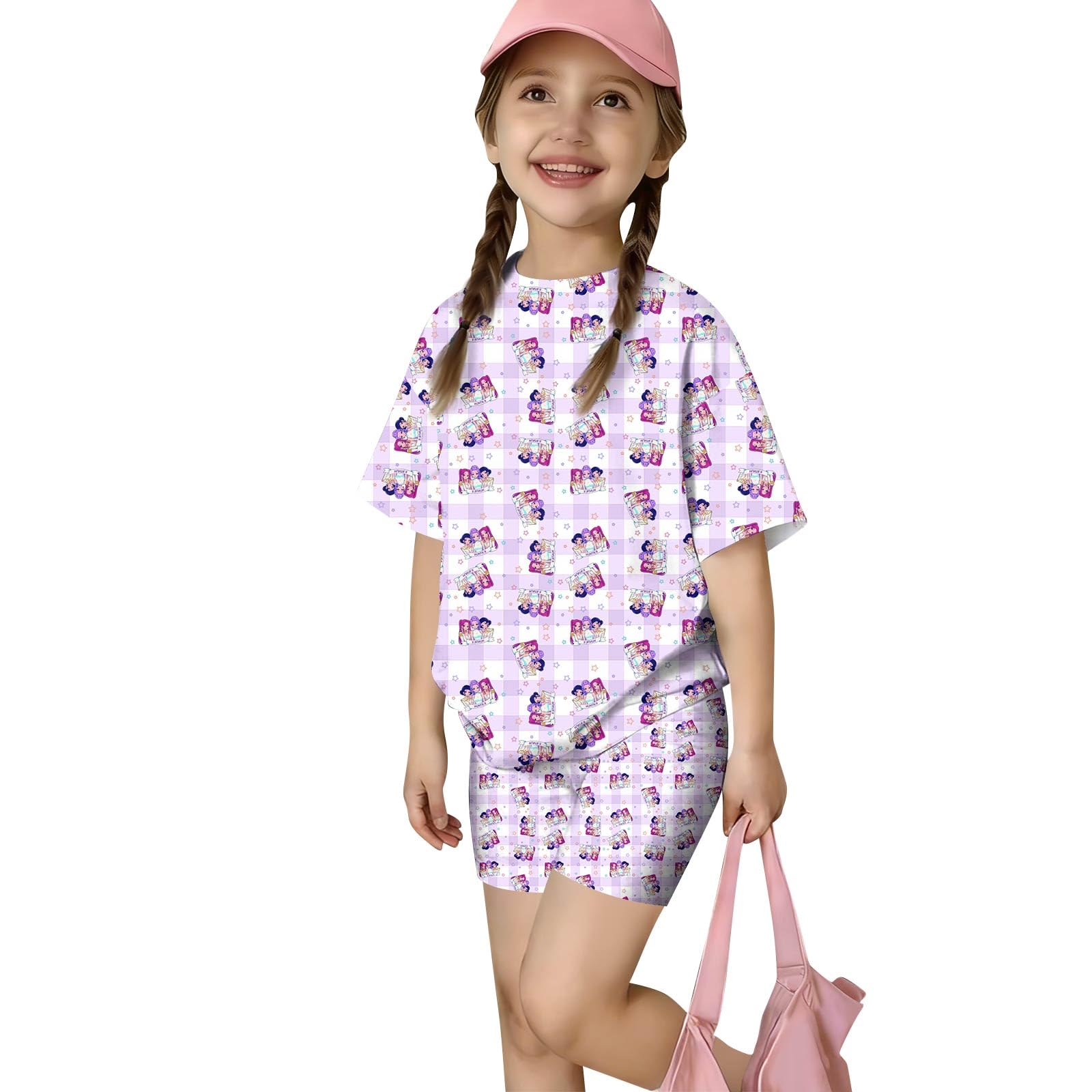 Girls 2 Piece Outfits Cute Singer Cartoon Graphic Short Sleeve Shirts and Shorts Fashion Sets Valentines Day Outfit
