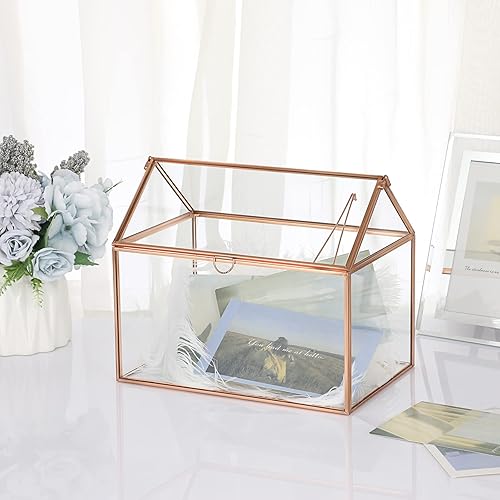 Miniatura 9 de ELLDOO Caja de tarjeta de boda de cristal de oro rosa de 8.8 pulgadas, cajas de regalo de cristal, terrario geométrico transparente con tapa, caja