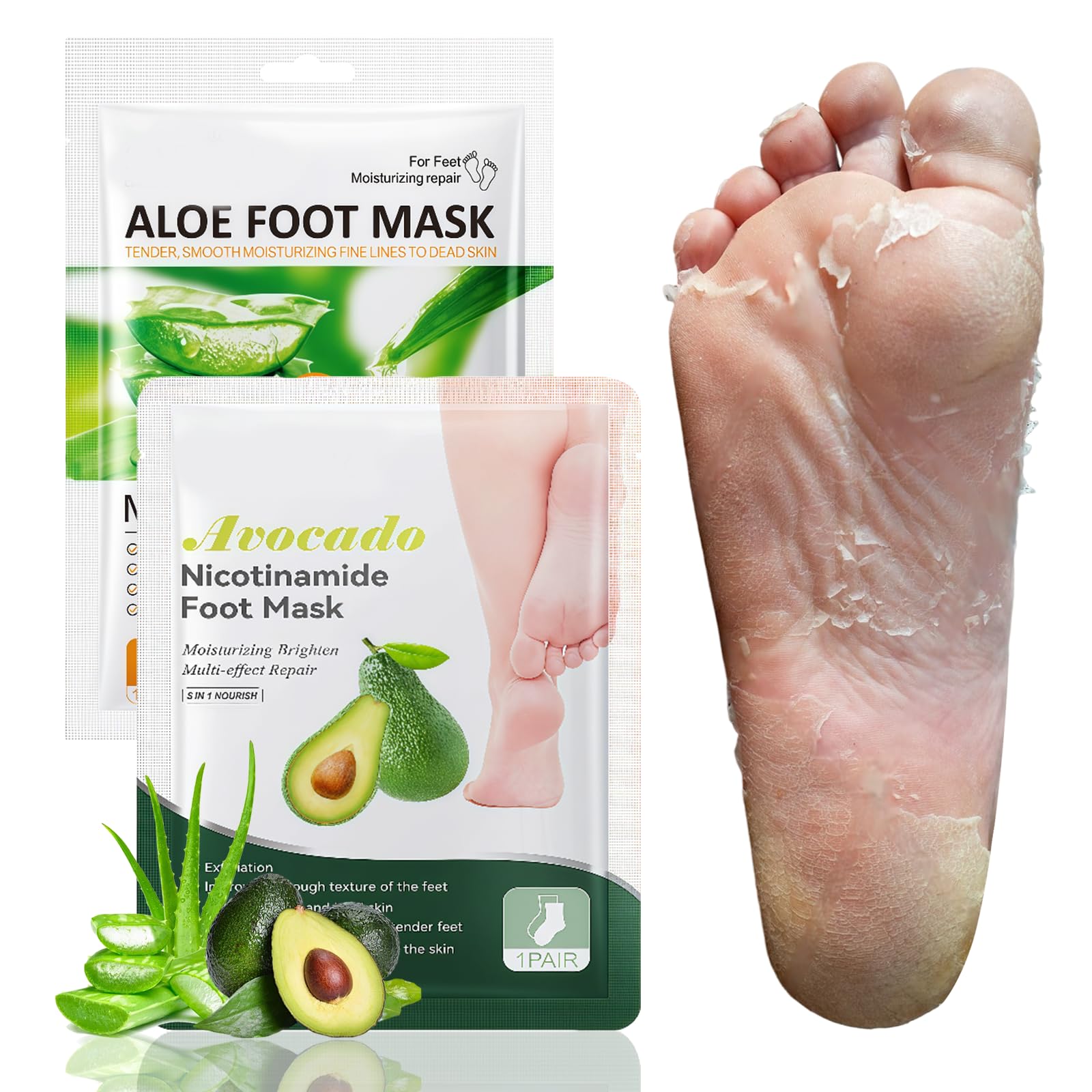 2 Paia Maschera Piedi Esfoliante, Rimuove Pelle Morta Ripara Talloni, Maschera idratante i piedi una pelle liscia per uomini e donne (Aloe Vera + Avocado)