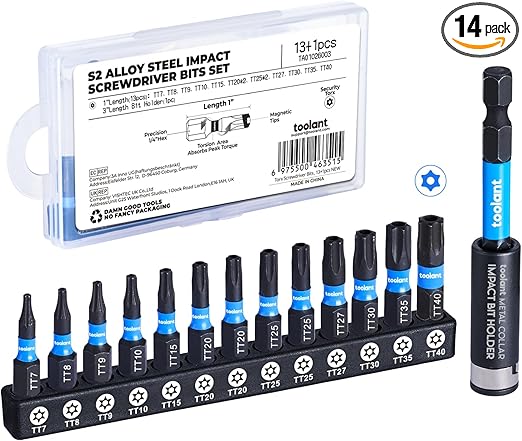ToolAnt 1' Impact Torx Bit Set (TT7-40), Qty 13; Tamper-Proof Star Bit Set, 1/4' Hex-Shank, CNC Machined Tips, S2 Steel, Impact Magnetic Bit Holder & Storage Box