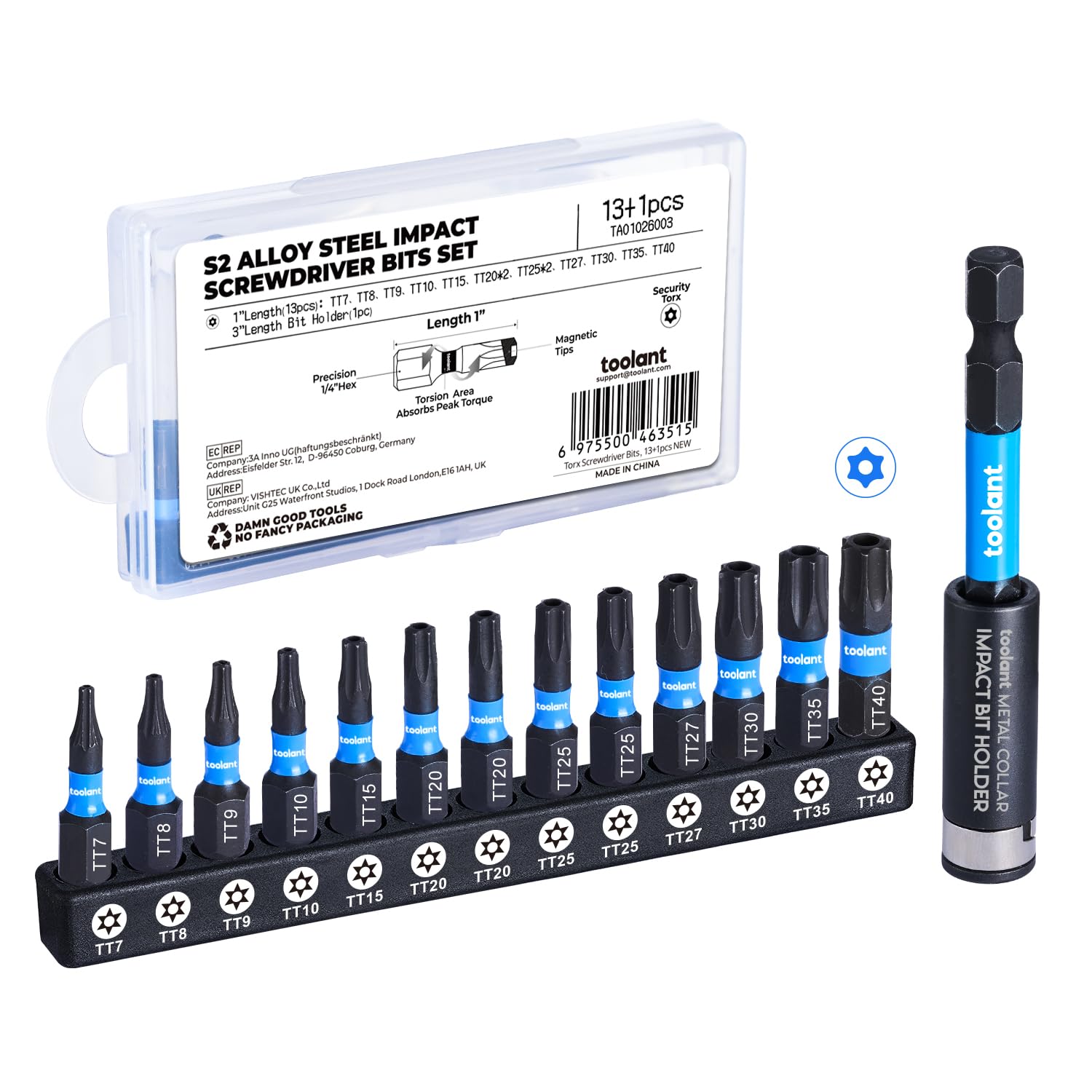 toolant 1” Impact Torx Bit Set 13+1pcs (TT7-TT40), 1/4” Hex-Shank S2 Steel Security Torx Bit Set, Tamper Proof Star Bit Set with CNC Machined Tips, with Impact Magnetic Bit Holder and Storage Box