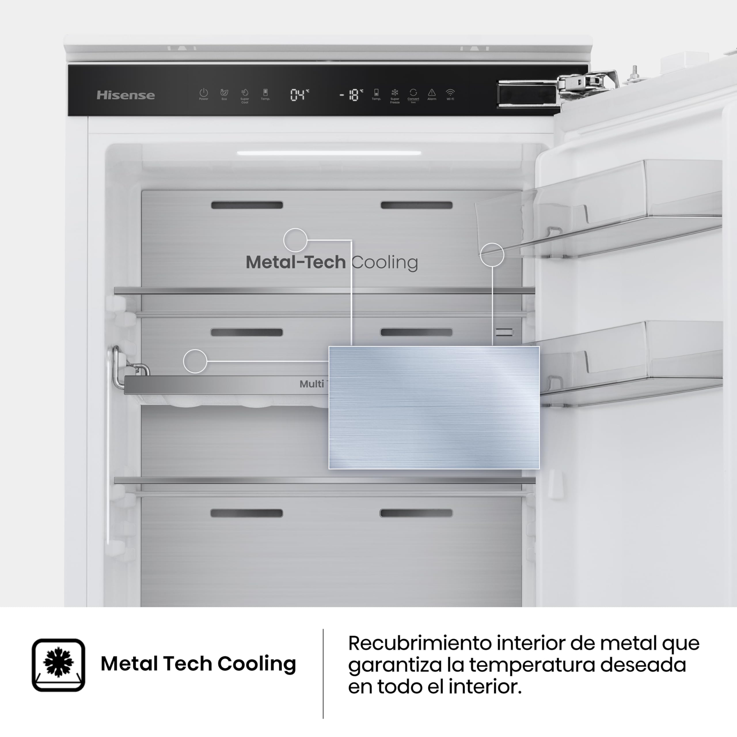 Hisense RB3B250SAWE - Frigoríficos Integrable, Combi, 252L, Class E, Ancho 54cm x Alto 178cm, Cajón Frutas Y Verduras Control De Humedad, Multi Air Flow, Dual Tech Cooling, Motor Inverter