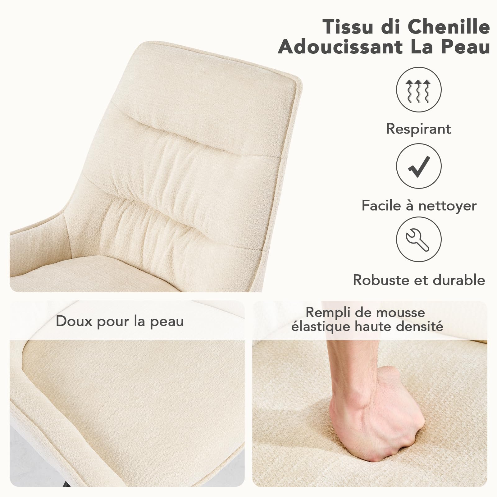 Chaises Pivotante Salle à Manger à 360° Lot de 2, Chaises Fauteuil Salle à Manger, Chaise de Cuisine Rembourrées en Tissu Chenille pour Chambre à Coucher Cuisine Salon, Beige