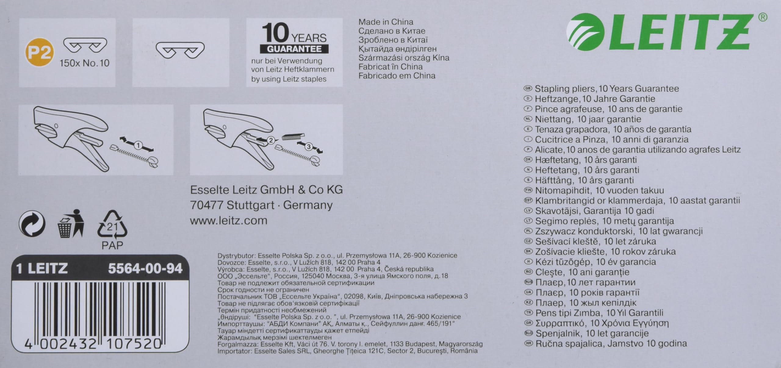 Leitz Cucitrice Piccola Elegante, Meccanismo di Caricamento Posteriore, Potenza di Spillatura fino a 15 Fogli, Cartone, Nero (Satinato)