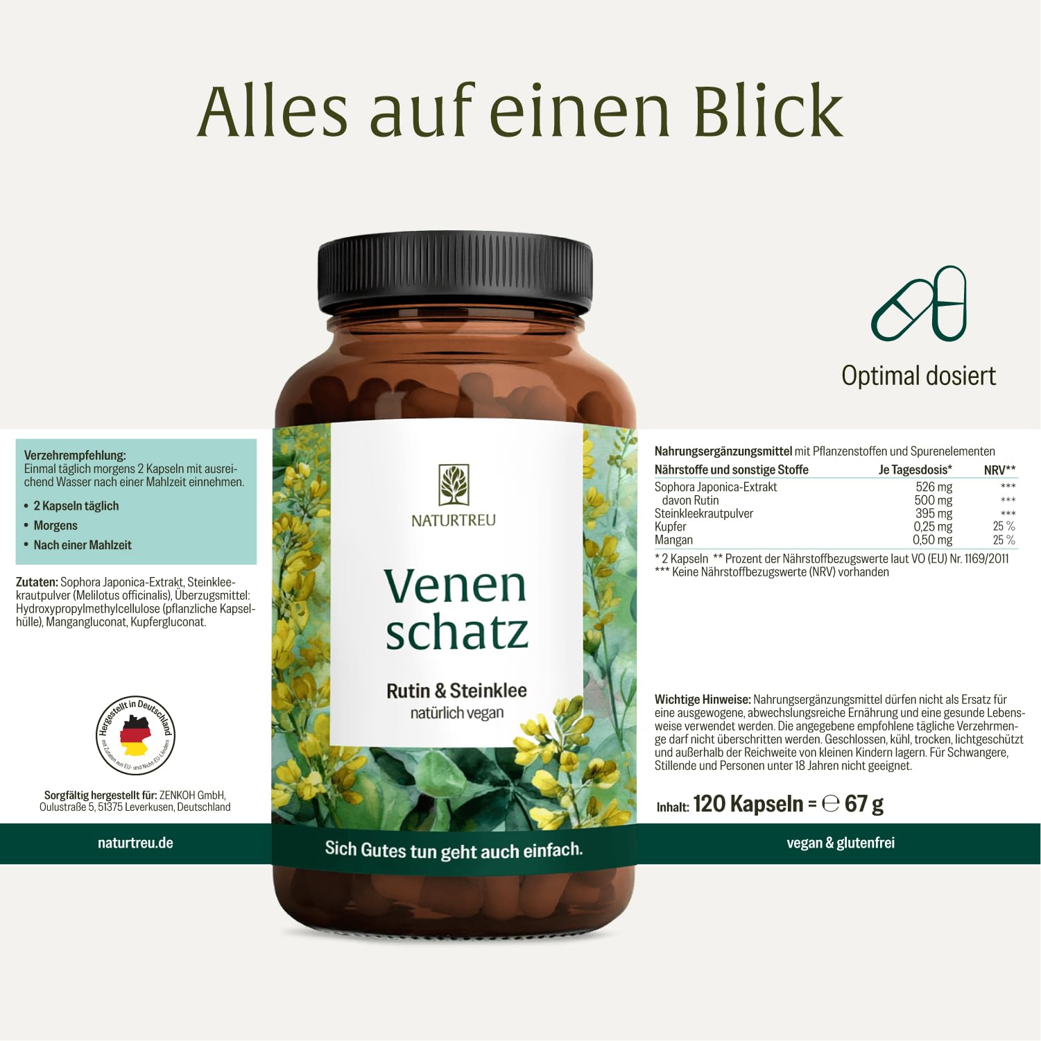 NATURTREU® Rutin Steinklee Komplex 120 Kapseln - 500mg Rutin hochdosiert & 394mg Steinklee - Pflanzliche Alternative zu Venenkapseln Venentabletten - Vegan