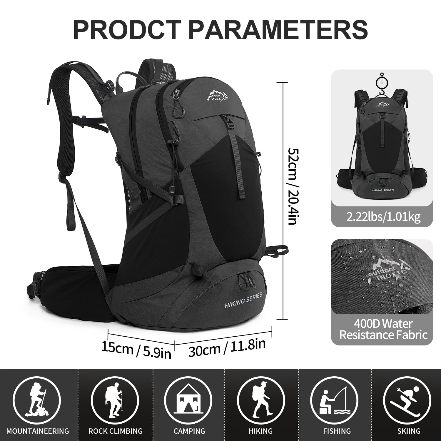IX INOXTO Sac à dos de randonnée, sac à dos de randonnée imperméable de 35 l avec poche d'eau de 3 L et housse de pluie, léger pour voyage et camping