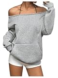 Women's Oversized Off Shoulder Sweatshirts Long Sleeve Basic Thermal Pullover Tops with Pocket