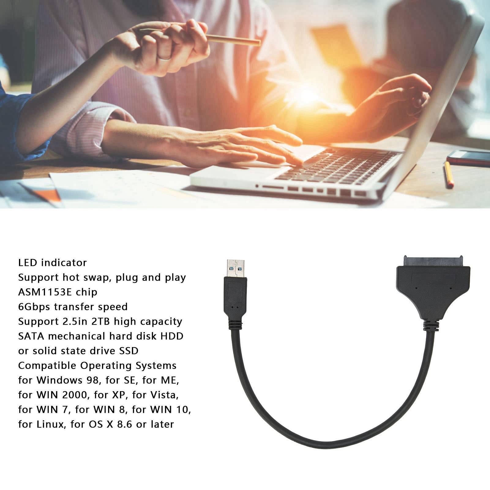 Hard Drive Adapter, Plug and Play USB3.0 TO SATA ASM1153E Chip ABS Material for HDD for SSD