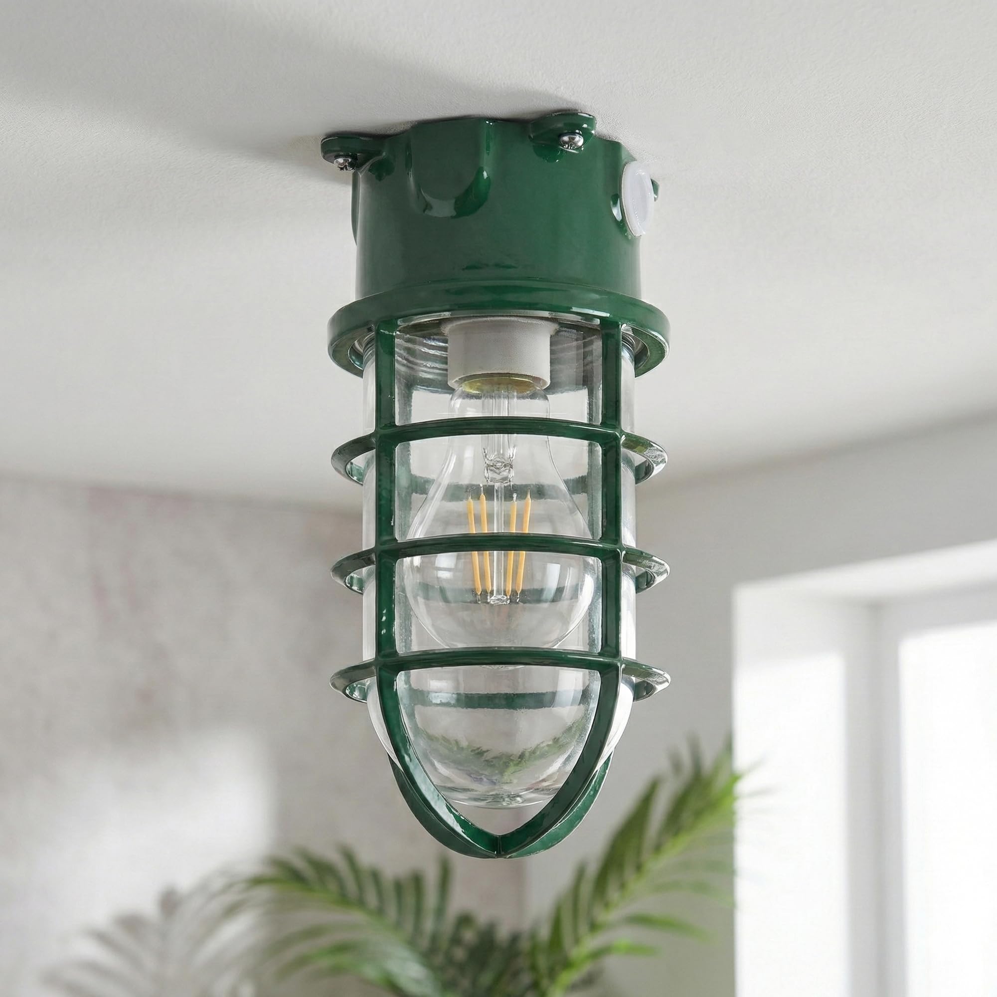 DC VOLTAGE Wall Light Bulkhead Metal Marine Glass Nautical Light Cage Outdoor Garden Porch Security LED Compatible Wall Light (Green)