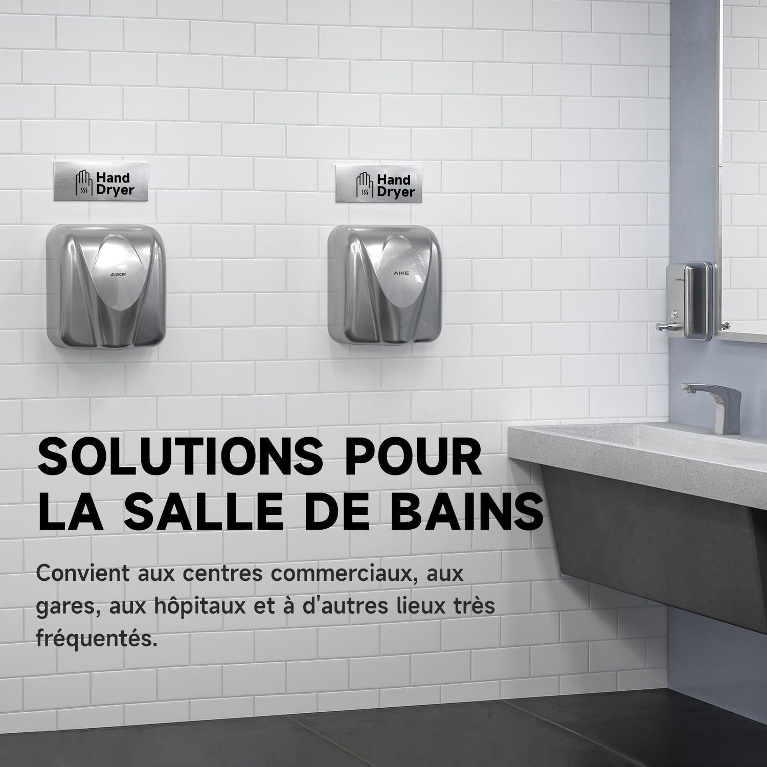 AIKE Elephant Sèche Mains Commercial, Haute Vitesse, Acier Inoxydable Durable pour Toilettes à Fort Trafic, 220V Brossé AK2812