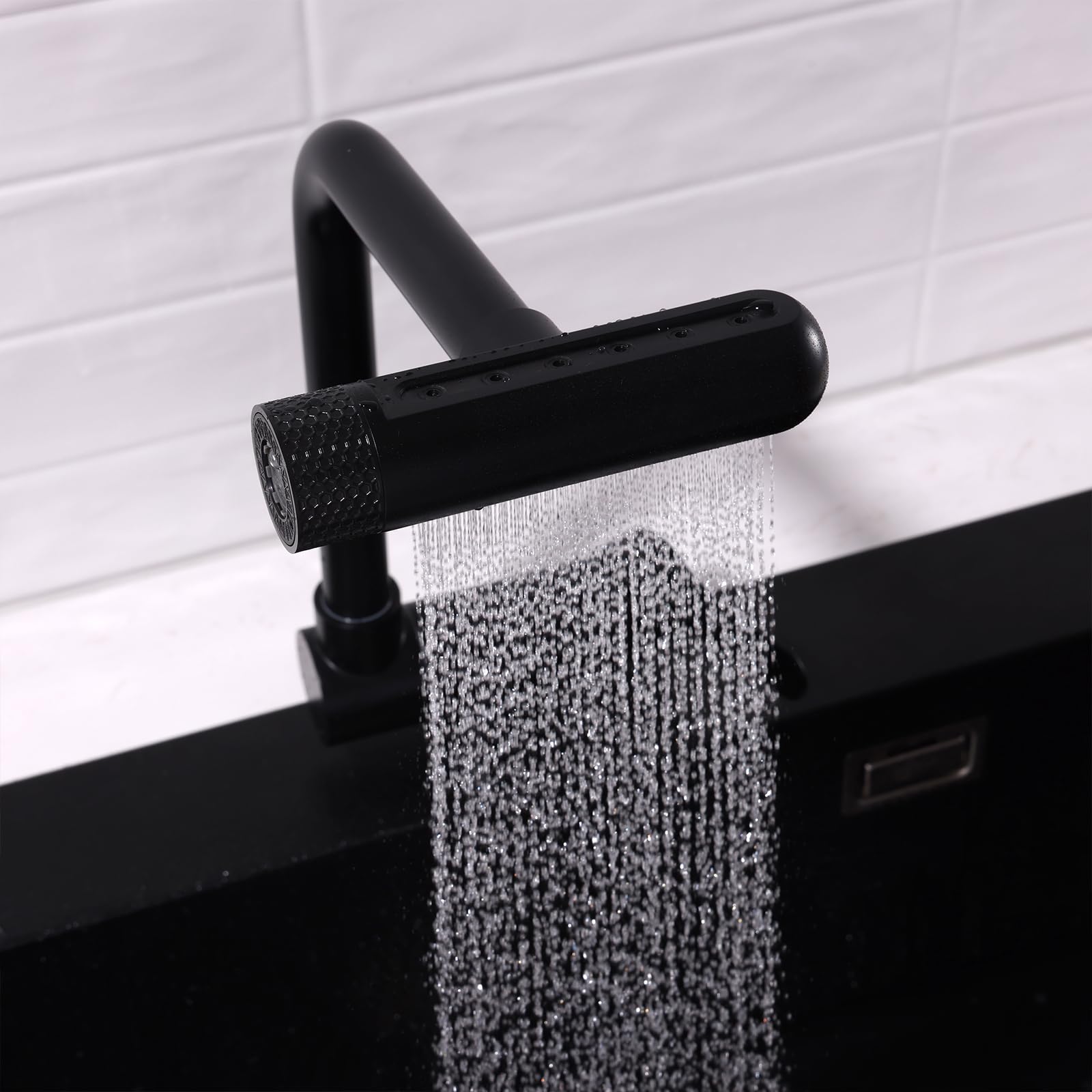 Küchenarmatur aus Edelstahl, klappbar, schwarz, Warm- und Kaltwasser, 6 Strahlarten, klappbar, für Fenstermontage