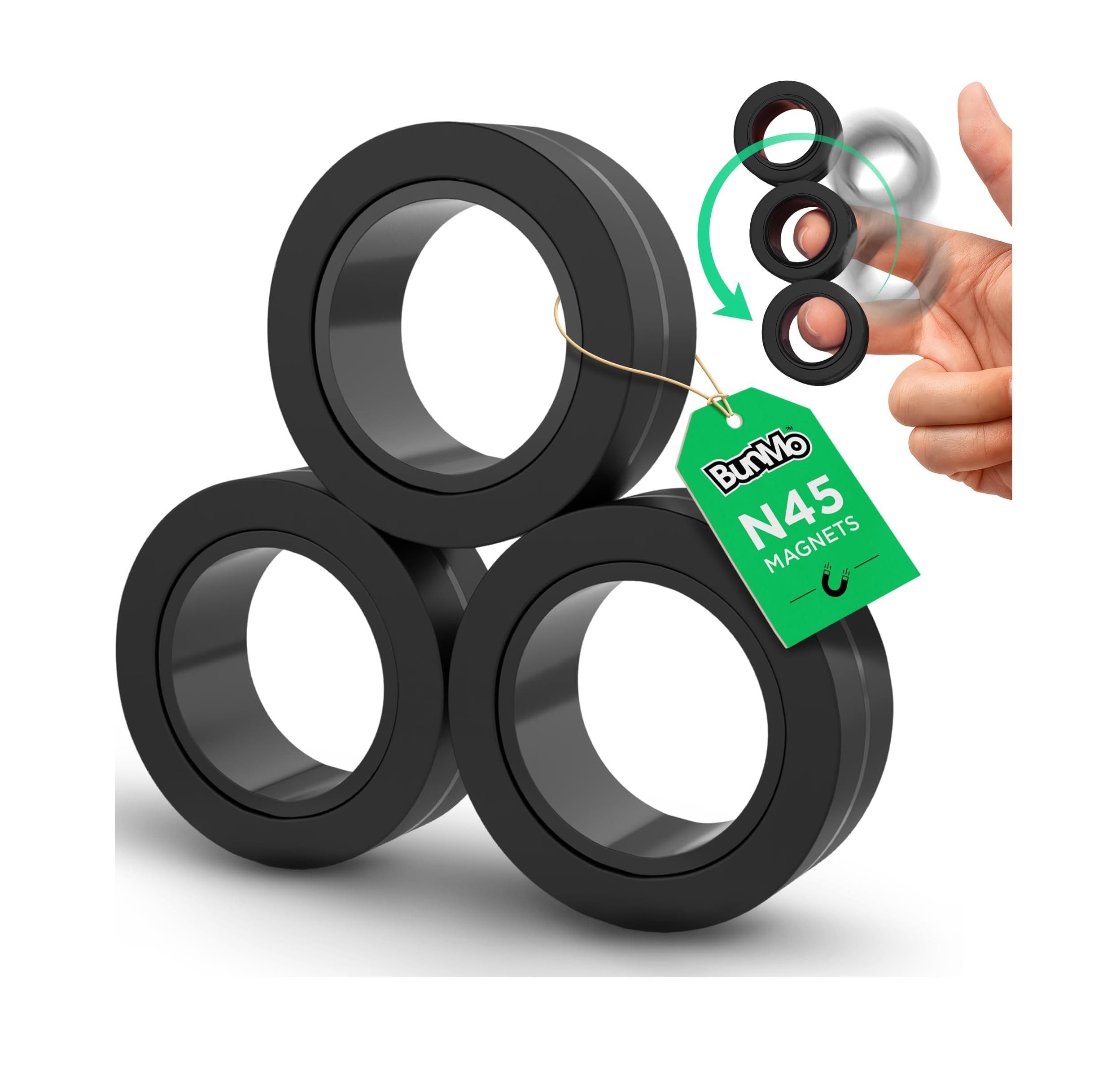 BunMo Magnetic Rings Black – Improved N45 Grade Magnets, BPA-Free, Compact & Quiet Fidget Toy for Adults & Teens, Portable Handheld Toy for Office, School, & Travel