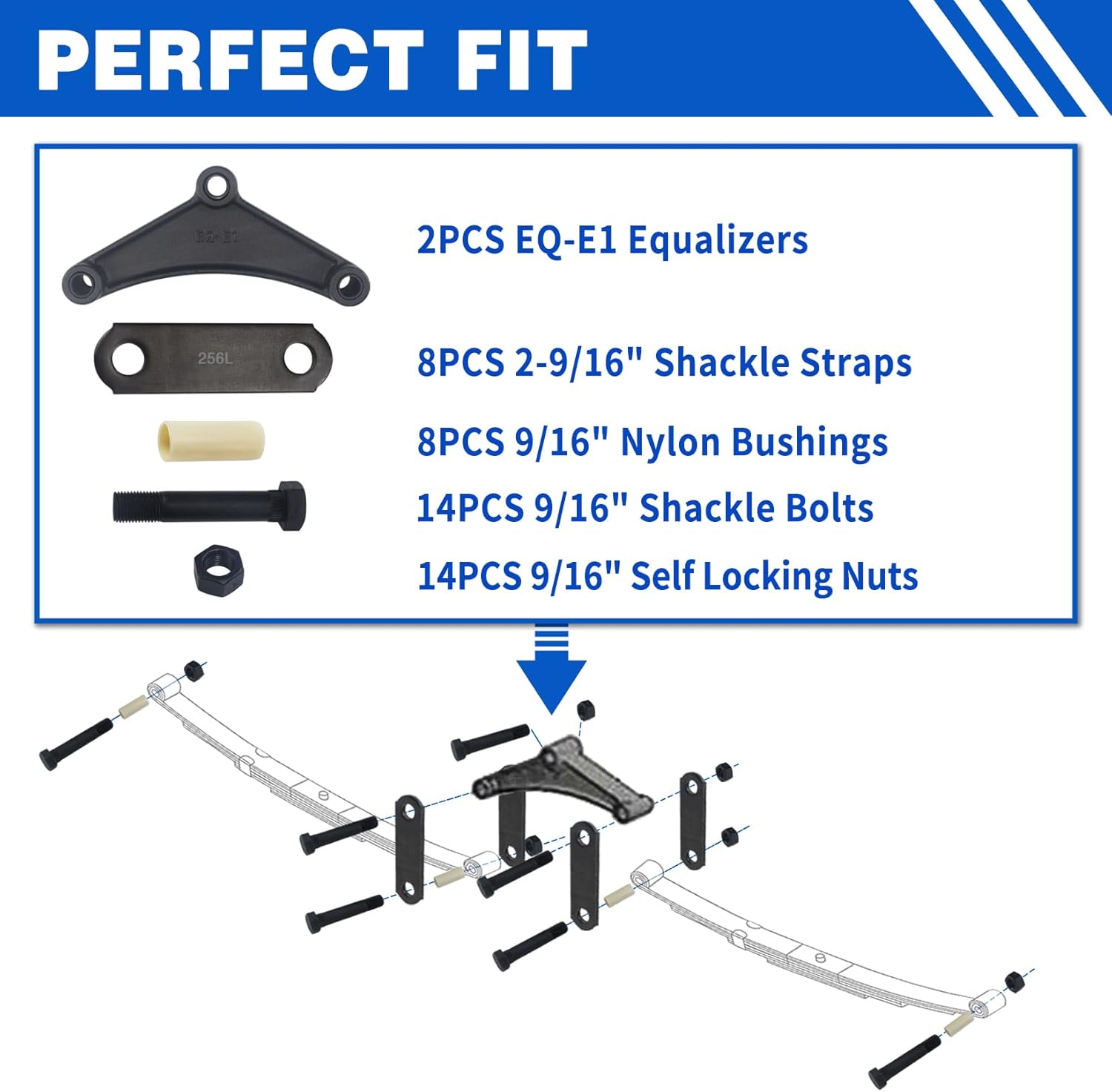 Trailer Axle Equalizer 256L Shackle Kit, Trailer Suspension Shackle Kit, Tandem Axle Trailer Shackles Equalizers Kit for Double Eye Leaf Springs 3500 lbs to 5200 lbs Axles (14 Bolts 14 Nuts)