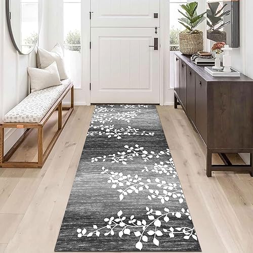 Runner Rug for Entryway, Modern Grey Hallway Long Narrow Rugs Runner Kitchen Bathroom Living Room Low Pile Floor Carpet, 1m 1.5m 2m 2.5m 3m 3.5m 4m