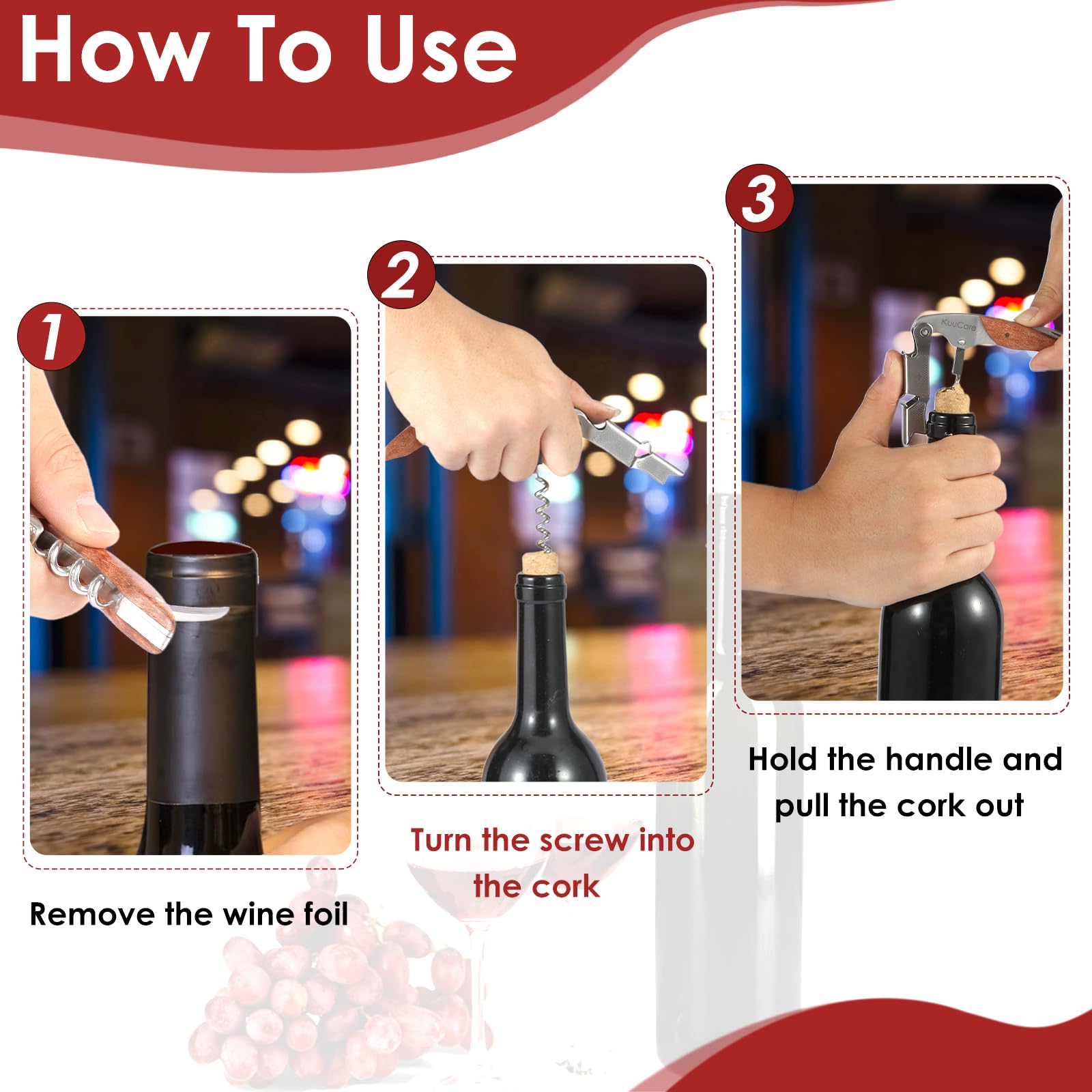 Sacacorchos para camarero, abridor de botellas de vino de acero inoxidable 420 de alta calidad con cortador de papel de aluminio y removedor de tapas, llave manual de vino con doble bisagra para
