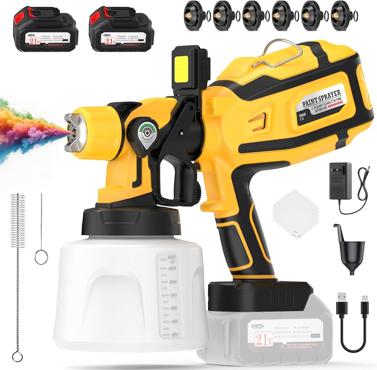 Paint Sprayer, 700W High Power Cordless Electric Spray Paint Gun with 1400ml (47oz) Container, 2×4000mAh Batteries, LED Light, 3 Modes & 6 Brass Nozzles, Paint Sprayer for House Painting
