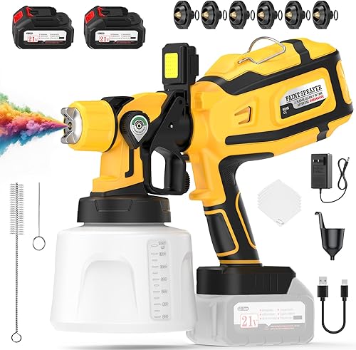 Pulverizador de pintura, pistola de pintura eléctrica inalámbrica de alta potencia de 700 W con contenedor de 47 onzas, 2 baterías de 4000 mAh, luz