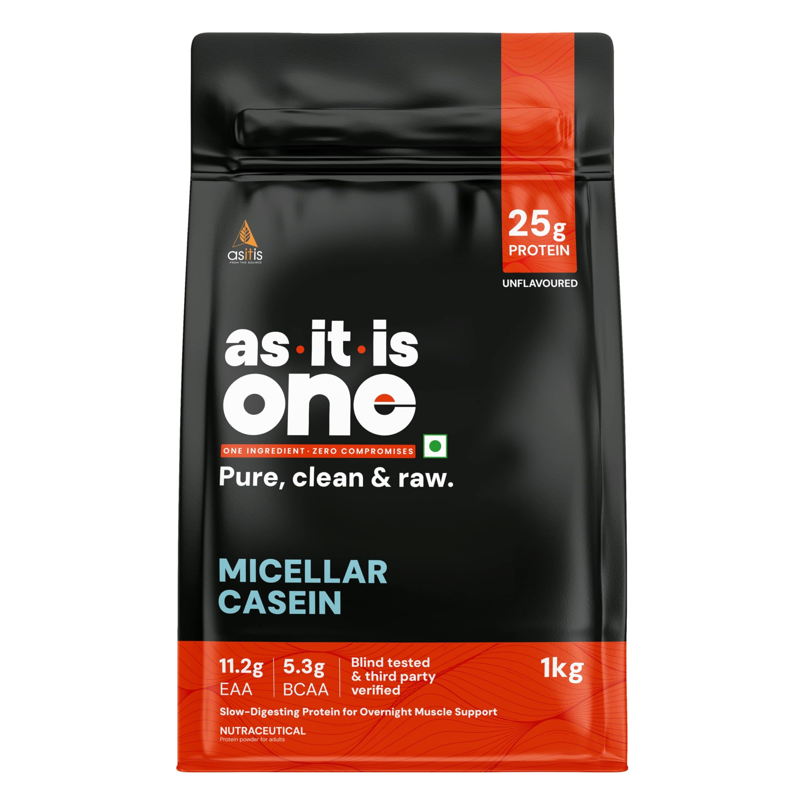 AS-IT-IS One Micellar Casein - Slow Releasing Protein, Unflavoured & Unsweetened 1kg, Supports Muscle Repair & Growth, Ideal for Nighttime Recovery