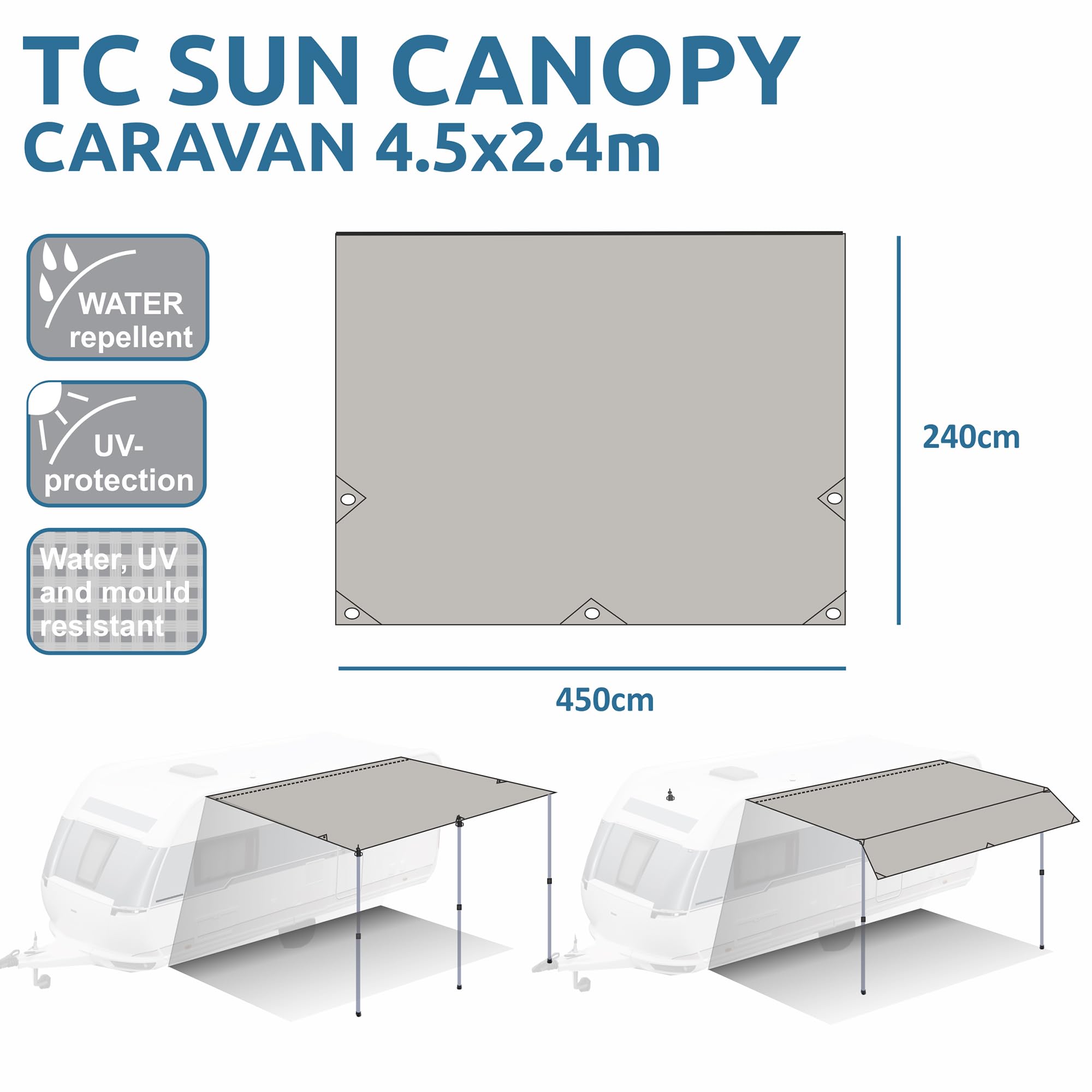 your GEAR Caravan Tarp TC dach przeciwsłoneczny do przyczepy kempingowej, wodoszczelny, bawełniany żagiel przeciwsłoneczny z UV 50+, aluminiowe drążki teleskopowe, w 5 rozmiarach (beżowy/piaskowy, 450
