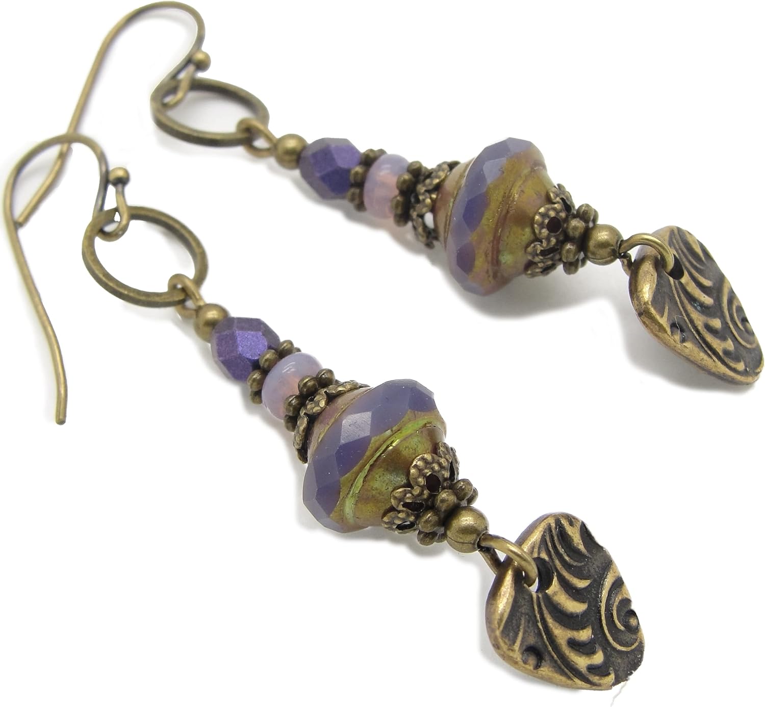 Handmade Boho Style Purple Triangle Dangle Earrings in Antiqued Brass