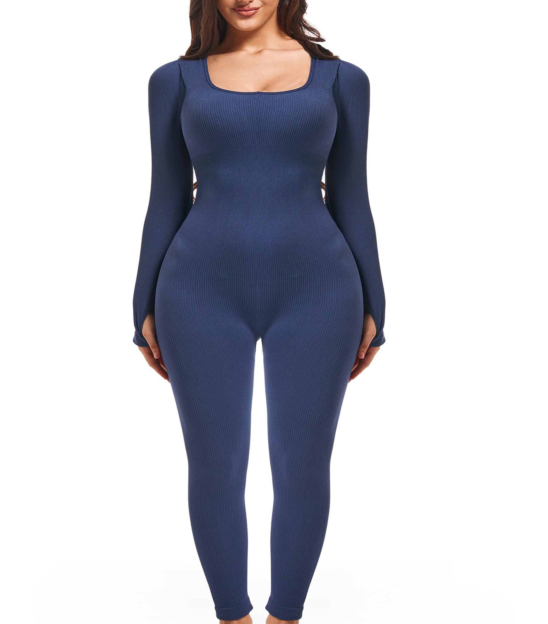 Jengo Jumpsuits for Women Bodysuit Romper One Piece Body Full Suit Ribbed Long Pants Leggings Bodycon Playsuit Yoga Workout Outfit (Medium, Navy)