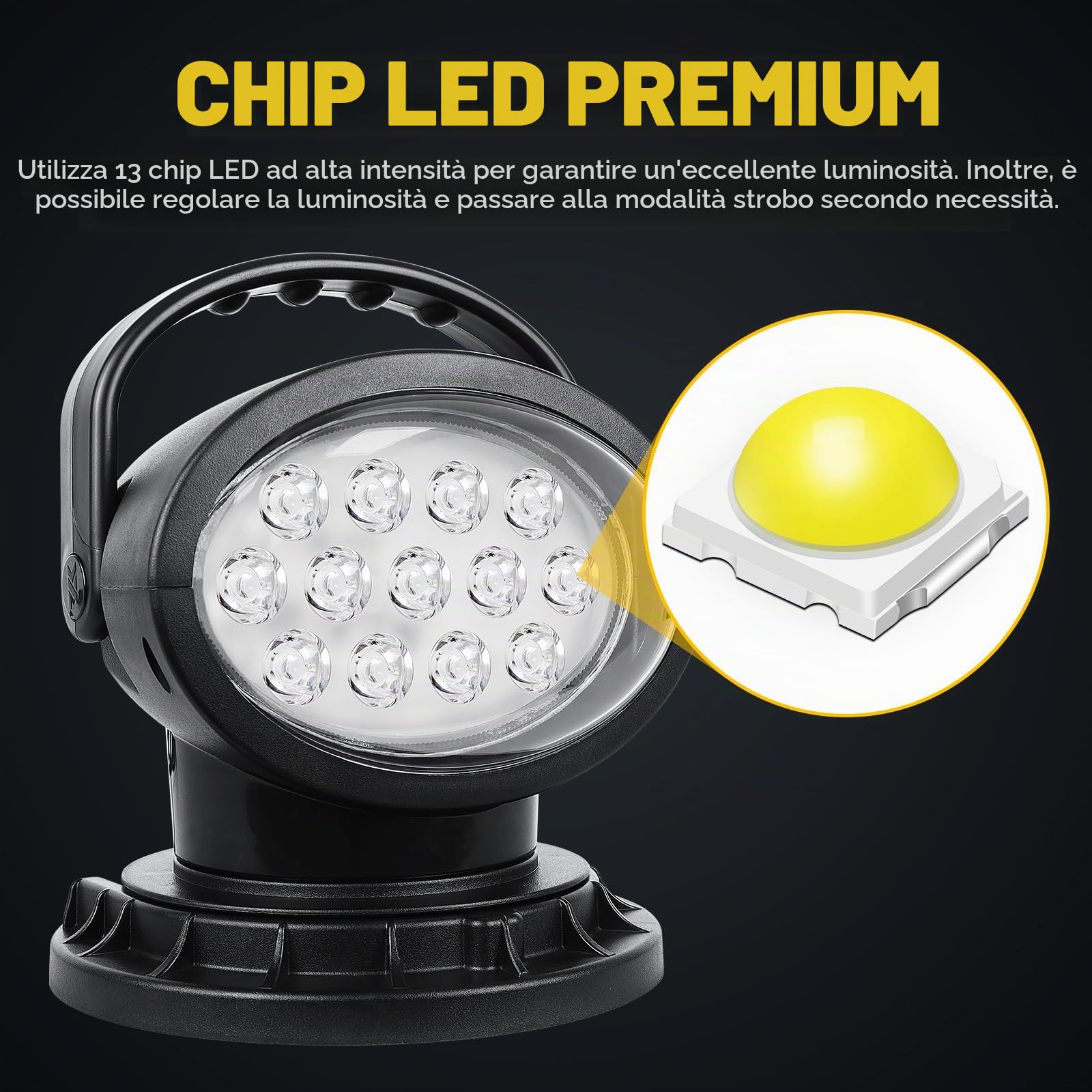 38W Luce di Ricerca con Telecomando, Luce Lavoro LED Rotante 360° | Modalità Strobe, Forti Magneti Incorporati, Luminosità Regolabile, Faro Spot 12V 24V per Camion, Barche, Caccia