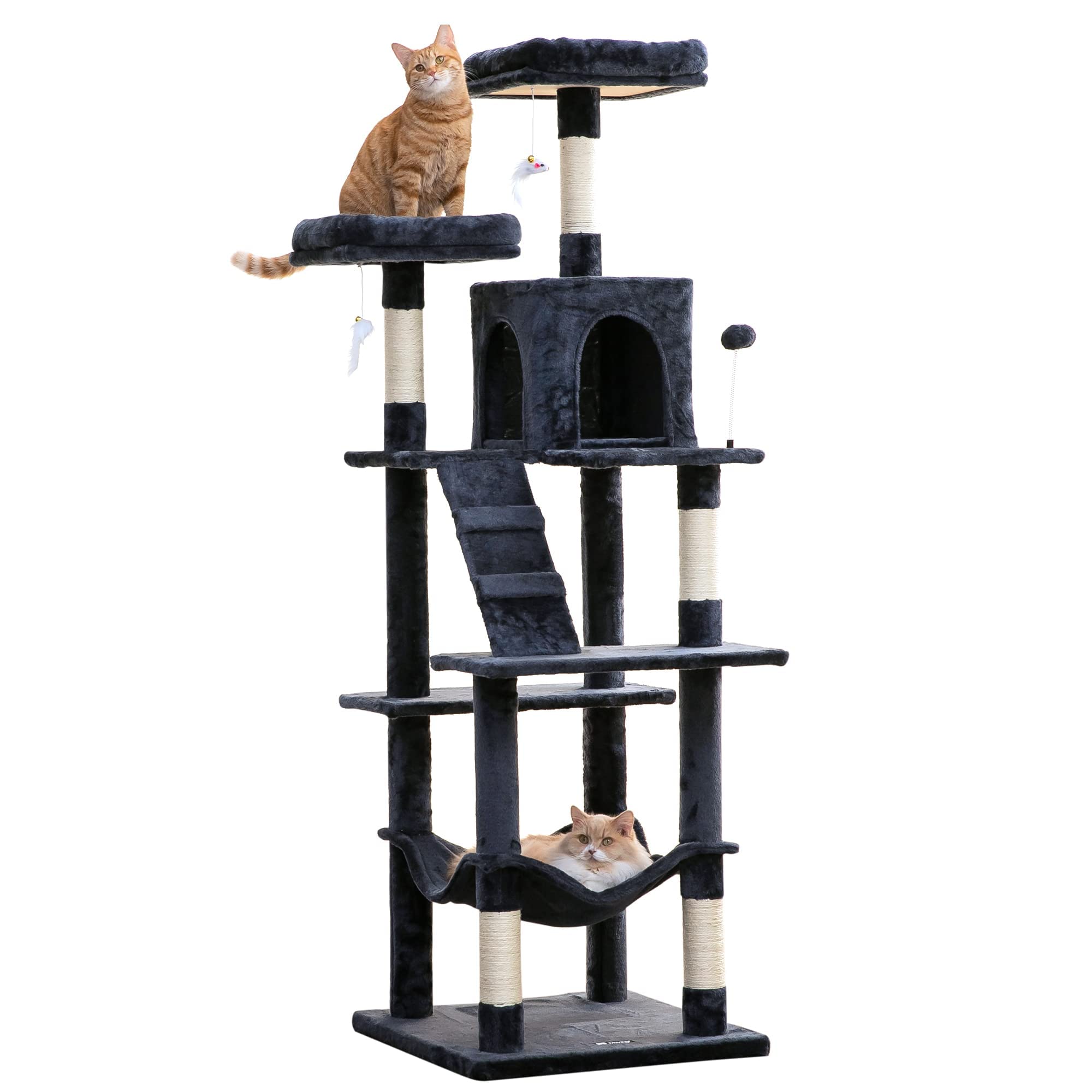 MWPO70.1-Inch Large Cat Tree, Multi-Level Tall Cat Tower for Indoor Cats, Plush Cat Condo with Big Padded Perches, Sisal-Covered Scratching Posts, Hammock, Toys for Kittens & Cats - Smoky Grey
