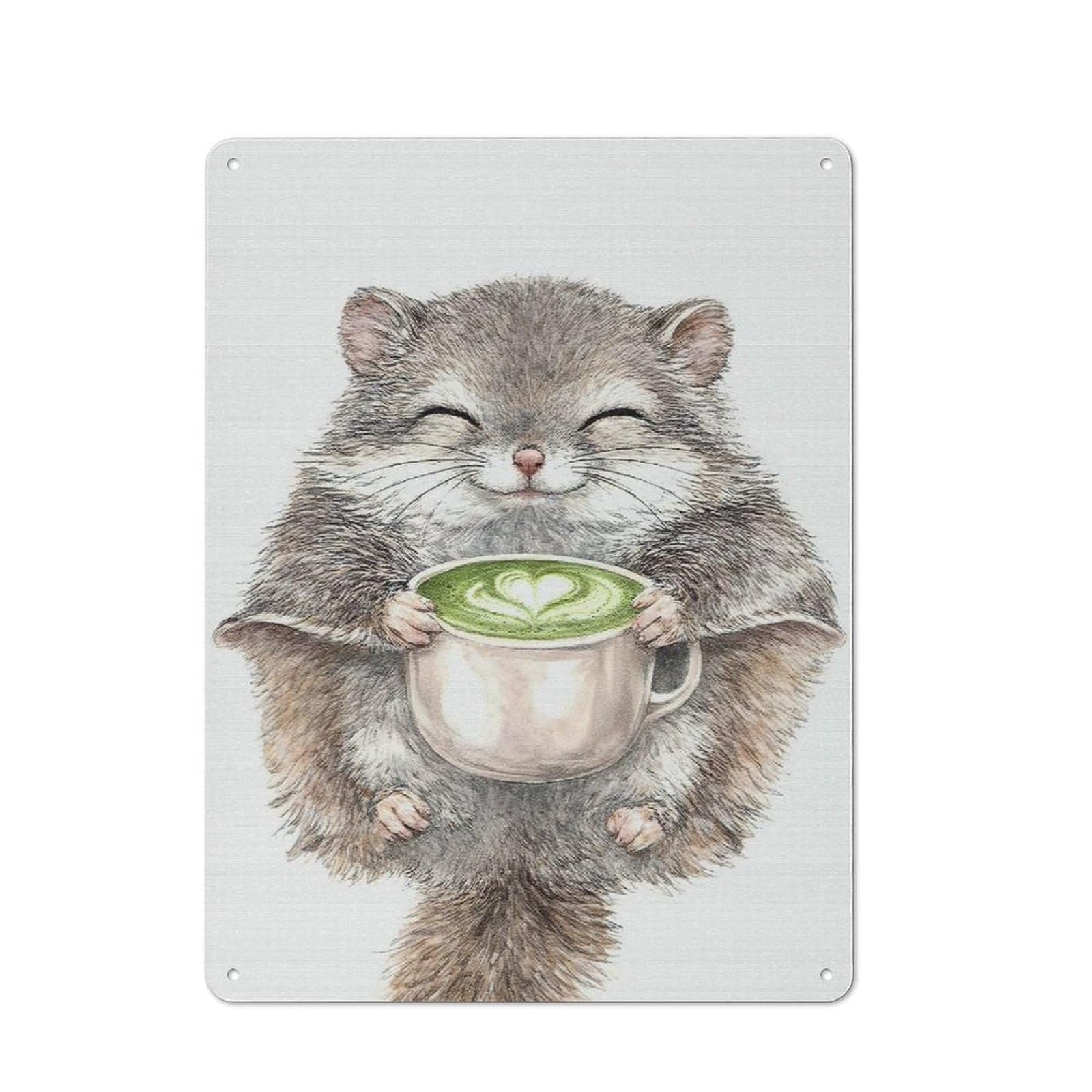 Metal Plaque with Cute Squirrel Holding Matcha Latte Design 40x30cm, Retro Kitchen Wall Decor for Bakery, Diner, Cafe Or Family Room