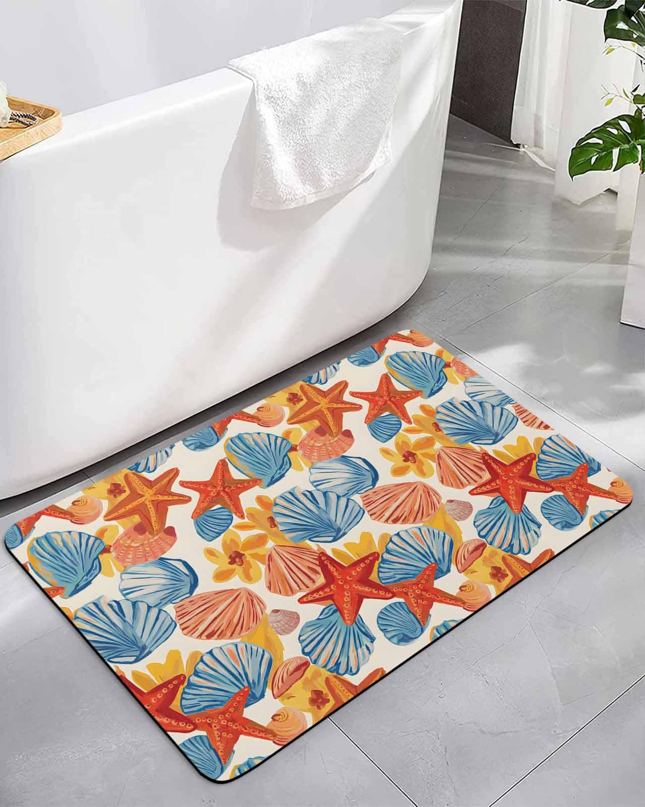 Bath Rugs Summer Ocean Starfish Shell Conch Absorbent Diatomaceous Earth Bath Mat Quick Drying Non Slip Washable Shower