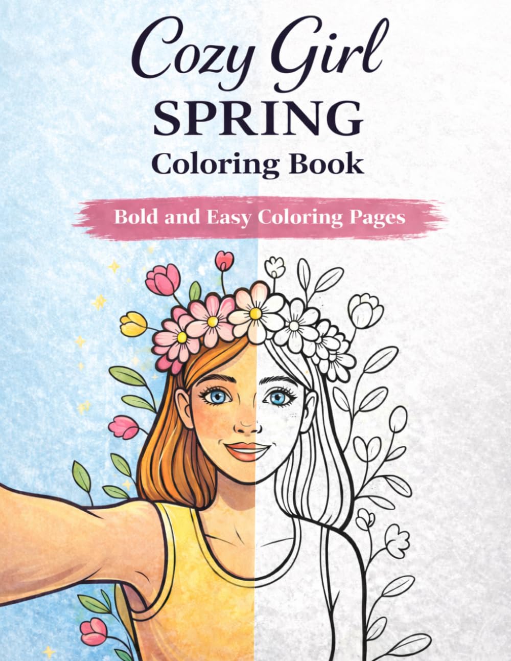 Cozy Girl Spring Coloring Book: Bold & Easy Relaxing Spring Coloring Pages For Teens and Adults | Cute Flowers, Cozy Vibes, Stress Relief Coloring