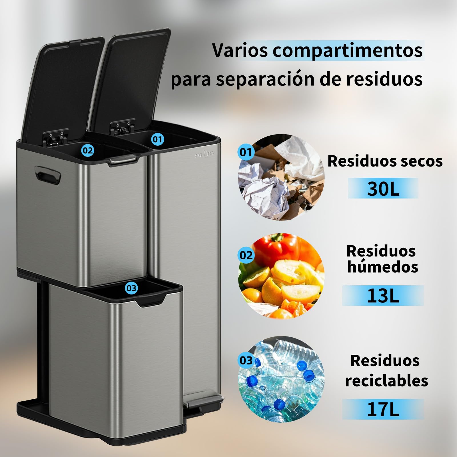 mVm Cubo de Basura Cocina de Acero Inoxidable, 3 Compartimentos 60L con Tapa de Cierre Suave, Contenedor Multifuncional para Separación de Residuos en Casa u Oficina, Gris