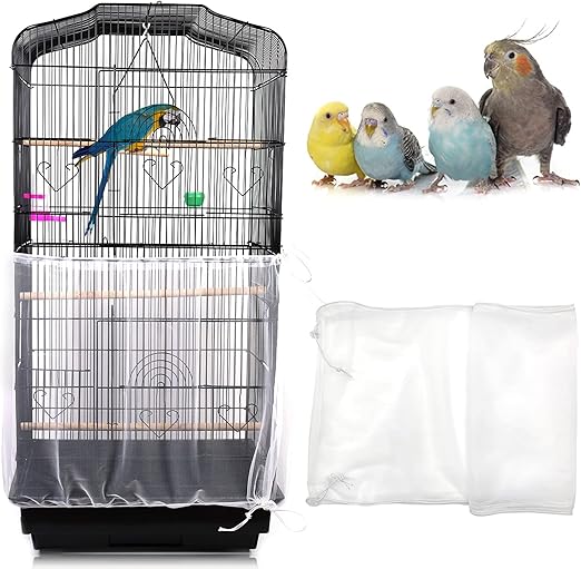 Daoeny Universal Bird Cage Cover, Adjustable Parrot Nylon Airy Soft Mesh Net, Seed Feather Catcher, Birdcage Cover Skirt Sheer Guard for Parakeet Macaw Round Square Cages (White)
