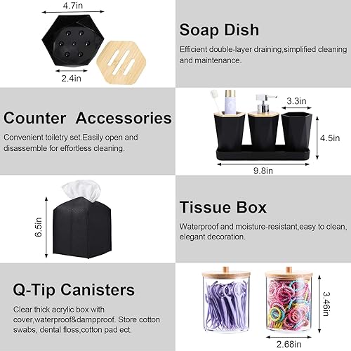 Miniatura 6 de Juego de accesorios de baño negros de 10 piezas basura, dispensador de jabón, funda de pañuelos, jabonera, soporte para cepillo de inodoro, soporte