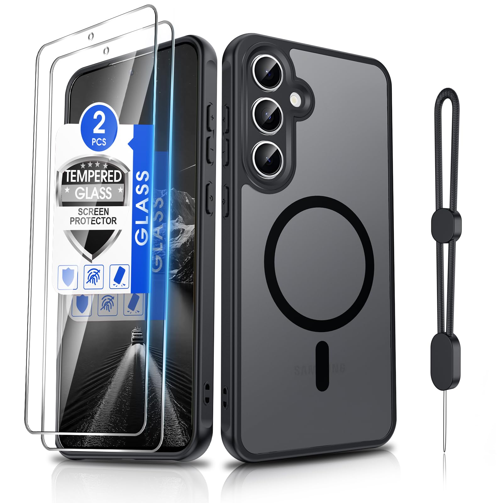 Dizn Magnetic for Samsung Galaxy S24 FE Phone Case,with 2Tempered Glass Screen Protector,Compatible with MagSafe,with Strap,Matte Translucent &amp; Military Grade Shockproof Protective S24FE,Black