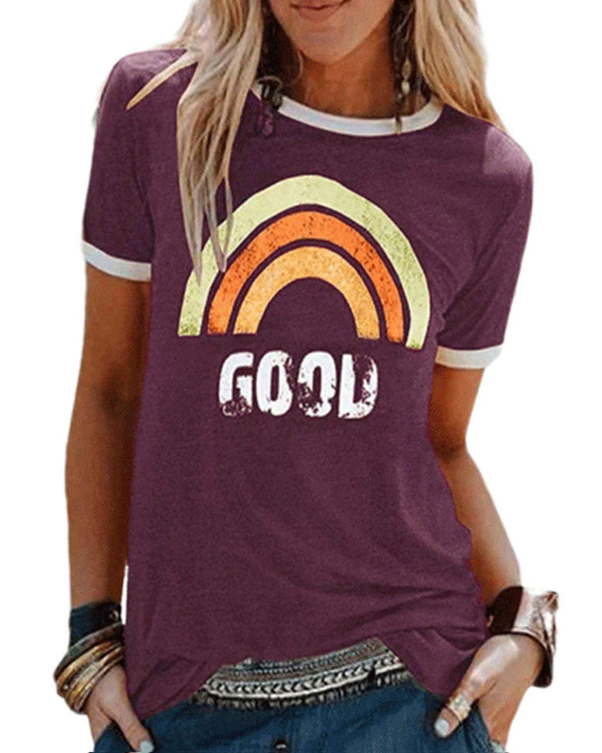 Yuson GirlWomen Summer Sunshine Letter Print T Shirt Rainbow Graphic Tee Shirts Basic Round Neck Short Sleeve Vintage Shirts Crew O Neck Tank Tops Loose Casual Slim Fit Shirts Tops