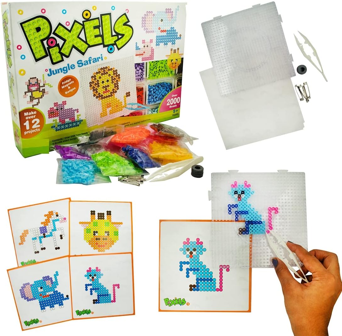 FizBiz Pixels Jungle Safari Fridge Magnets Plastic, Beads Badges Do-It-Yourself Kit for Kids Boys & Girls