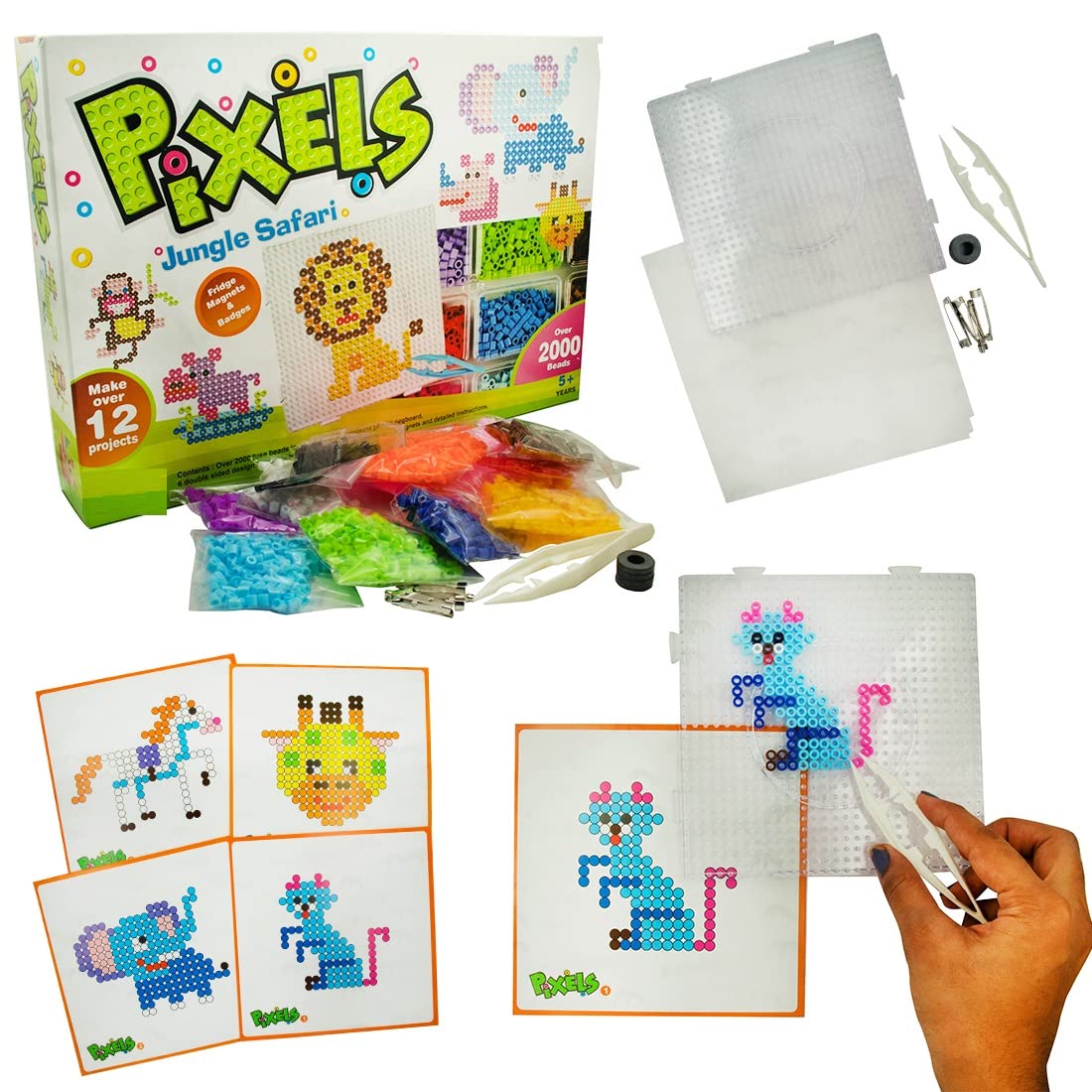 FizBiz Pixels Jungle Safari Fridge Magnets Plastic, Beads Badges Do-It-Yourself Kit for Kids Boys & Girls