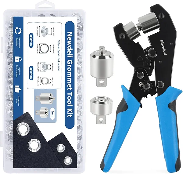 Newdeli Grommet Tool Kit 3/8 1/4 inch Grommet Plier with 500 Pairs 3/8" 1/4" Metal Eyelets and Grommets for Fabric Tarps Leather 10mm 6mm Punch Eyelet Tool