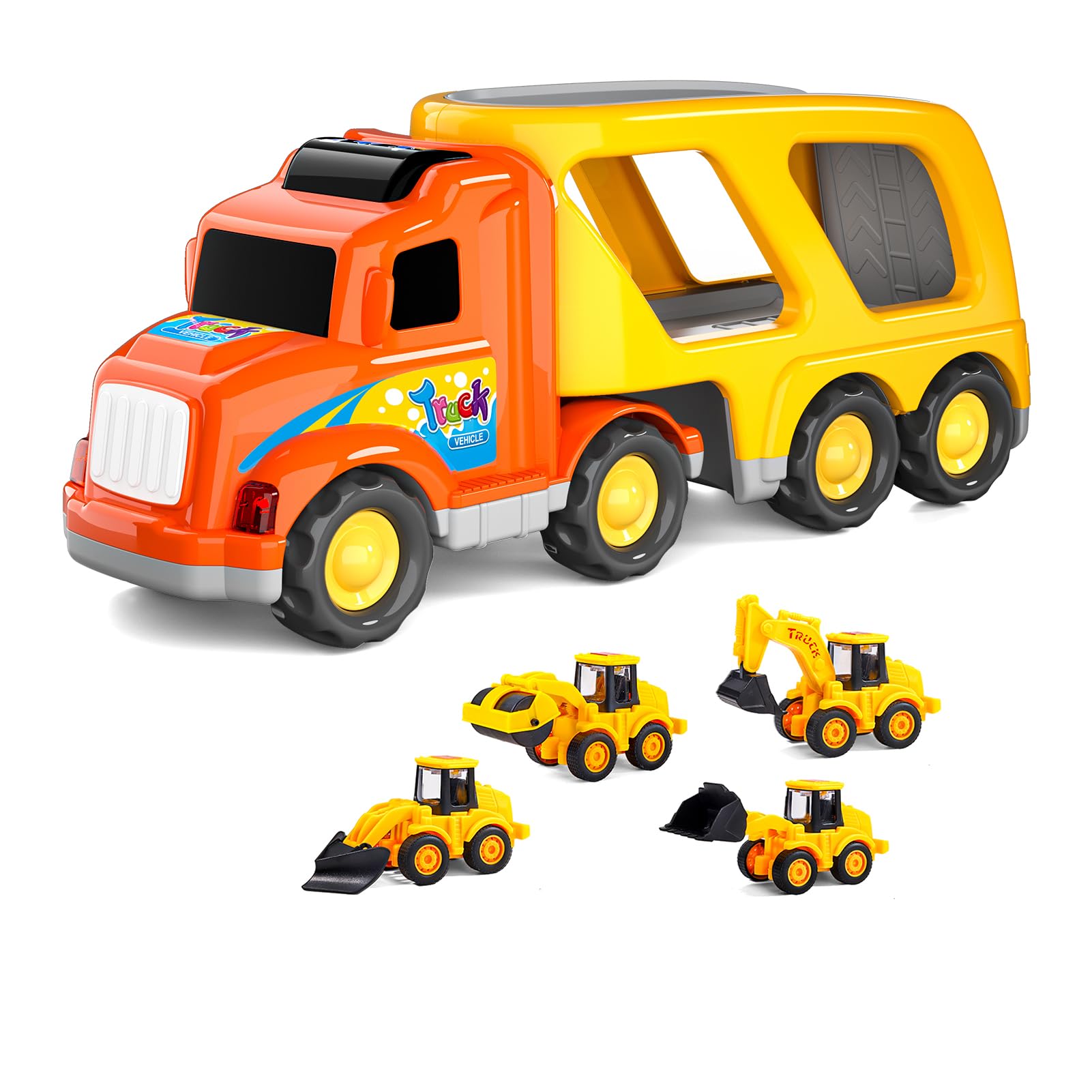 iHaHa Trucks Cars Toys for Boys&girls Toddlers,5in1 Construction Truck Vehicles Car Kids Gifts Toys for 1 2 3 4 5 6 Year Old Boys girls Toddlers,Construction Car Trucks Friction Toys with Light Sound