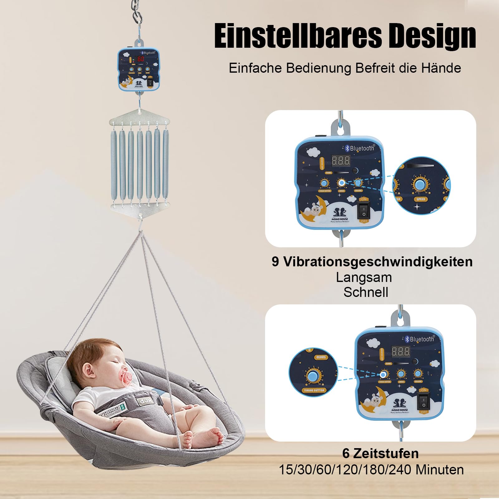Cuna eléctrica de plumas para bebé, capacidad de carga de 19 kg, 7 muelles, columpio eléctrico para bebé, control de 9 velocidades, 6 temporizadores, controlador de cuna para bebé