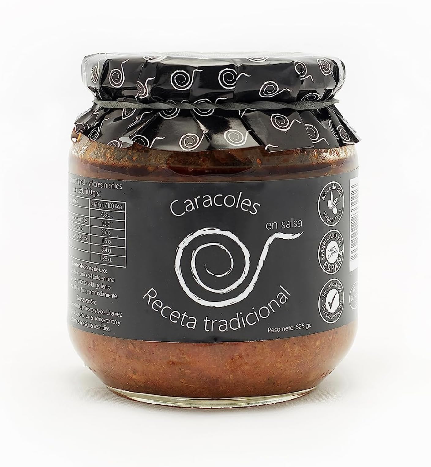 Caracoles en salsa. Caracoles cocidos 550grs (pack de 8). Receta familiar, casera y artesana. Caracoles guisados. Conservas Gourmet. Regalo original para todos. Producto 100% elaborado en España.
