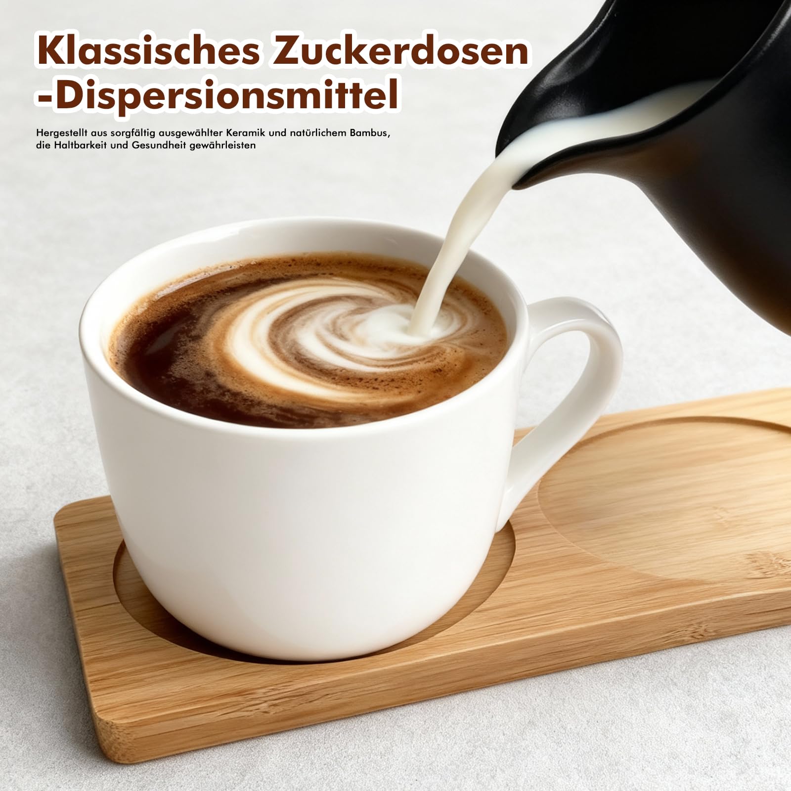 Set di latte e zucchero con coperchio e cucchiaio, in ceramica, con coperchio in bambù e zuccheriera, incluso vassoio in legno, lavabile in lavastoviglie, ideale per caffè, tazze da cappuccino e