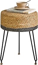 YMYNY Stool Ottoman, Footstool Made of Natural Seagrass and Metal Leg, in Country Style, Handmade, for Bedroom, Living Room, 32 x 32 x 45 cm, Natural Colour & Black, HBD029B