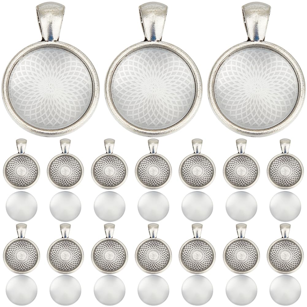 SOFPLATE 1 Box 40 Sets Cabochon Bezel Tray Glass Cabochons Kit Alloy Vintage Flat Round Dome Antique Silver Blank Trays Pendants Charms Settings for Jewelry Making Charms Necklaces Tassels DIY Crafts