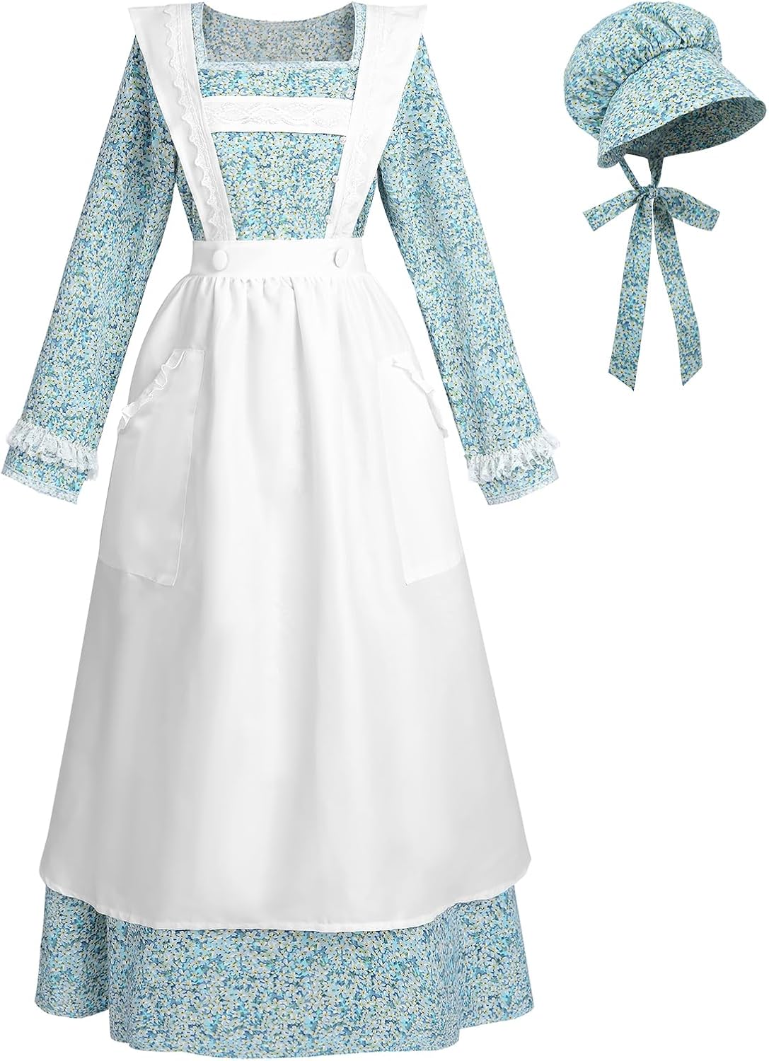 BPURB Robe Pioneer Pour Femme - Motif Floral - Pèlerin - Guerre Civile Coloniale - Robe De Soubrette Laura Ingalls, Bleu Clair, XL